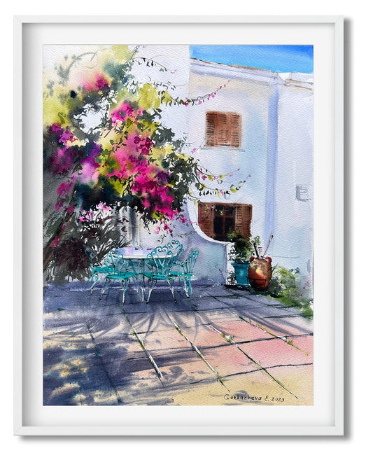 Coastal City Painting Original, Sunrise Watercolor Artwork, Greek Village, Greece Wall Art, Gift For Art Lover