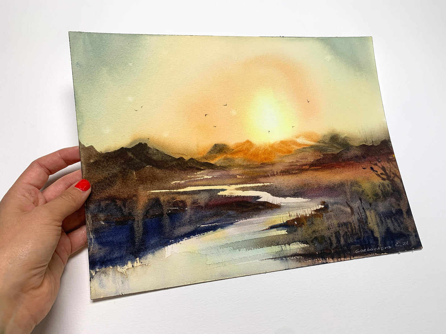 Modern Watercolor Landscape Painting Original, Mountain Wall Art, Abstract Sunset, Nature Art Decor, Orange, Gift