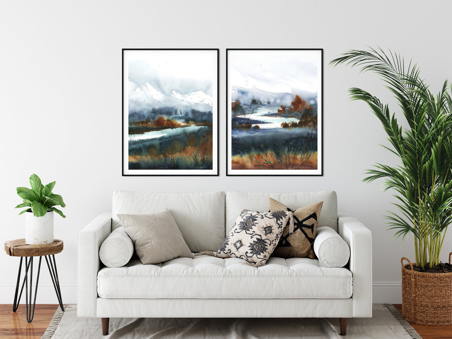 Modern Set of 2 Abstract Art Prints, Mountain Wall Art, Fall Landscape Painting, Living Room Decor, Extra Large Print