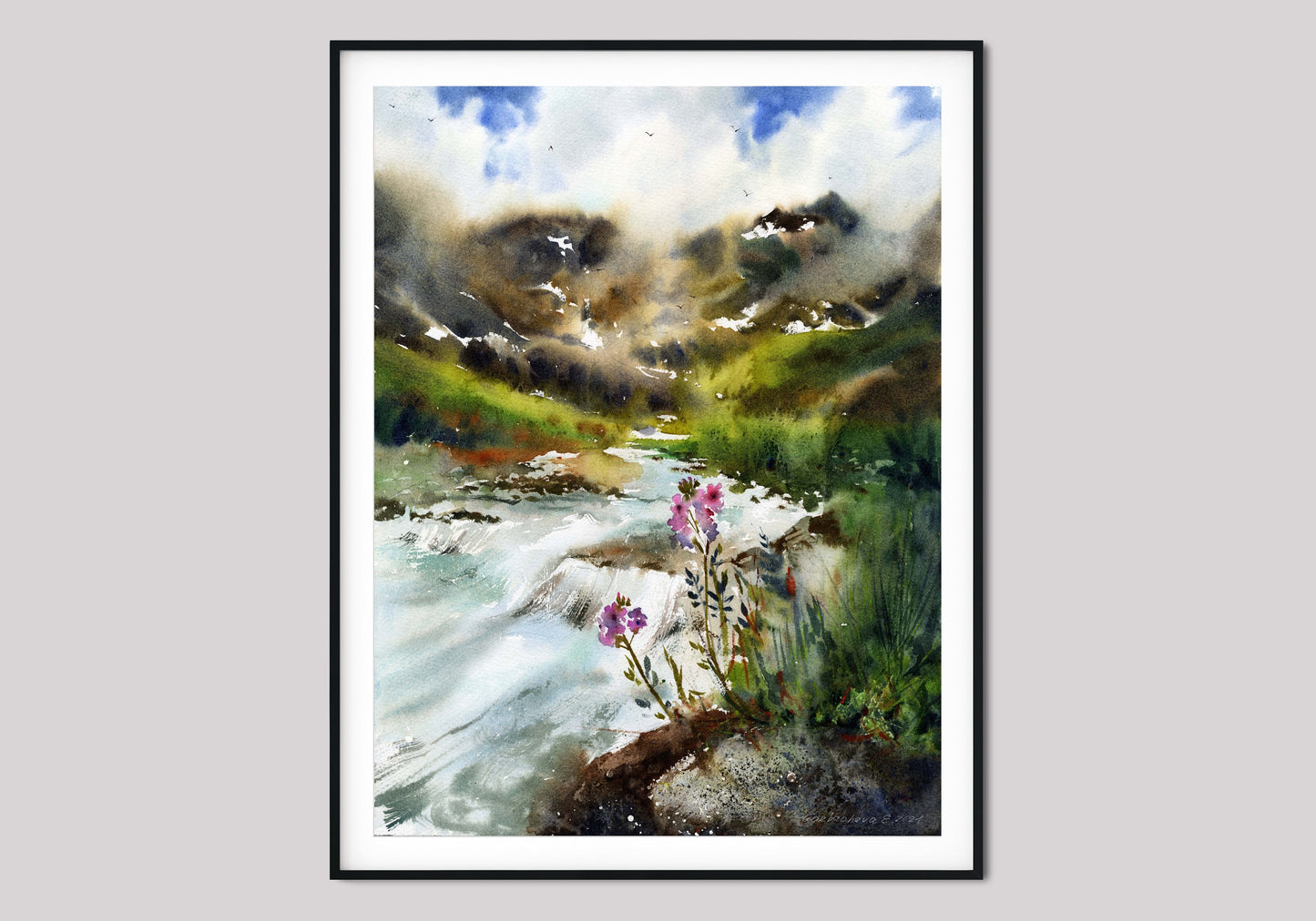 Mountain Wildflower Wall Art, Nature Art Decor, River Landscape Large Print, Contemporary Home & Office Wall Decoration