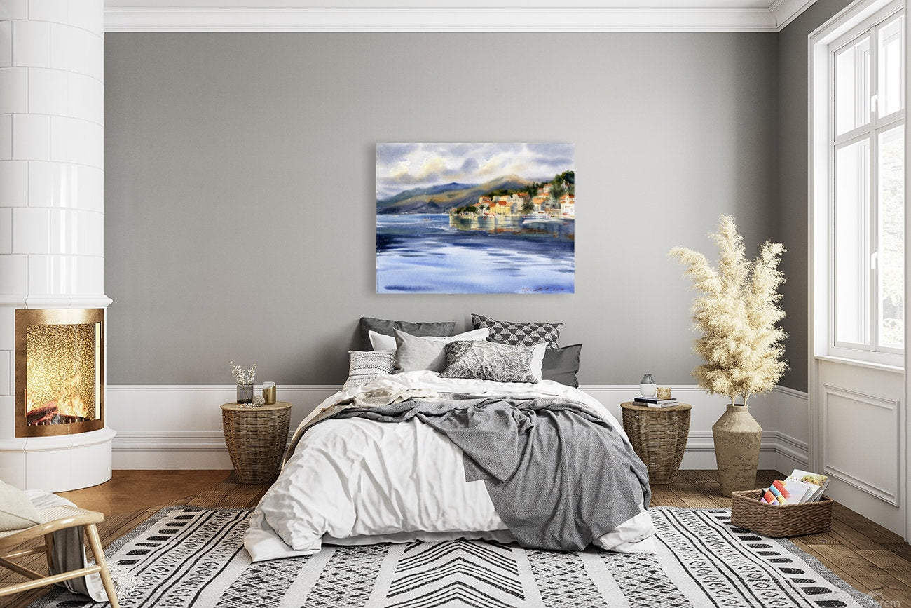 Coastal Town Print, Seascape Wall Decor, Sea Style Living Room Decoration, Watercolor Montenegro Art, Canvas Painting