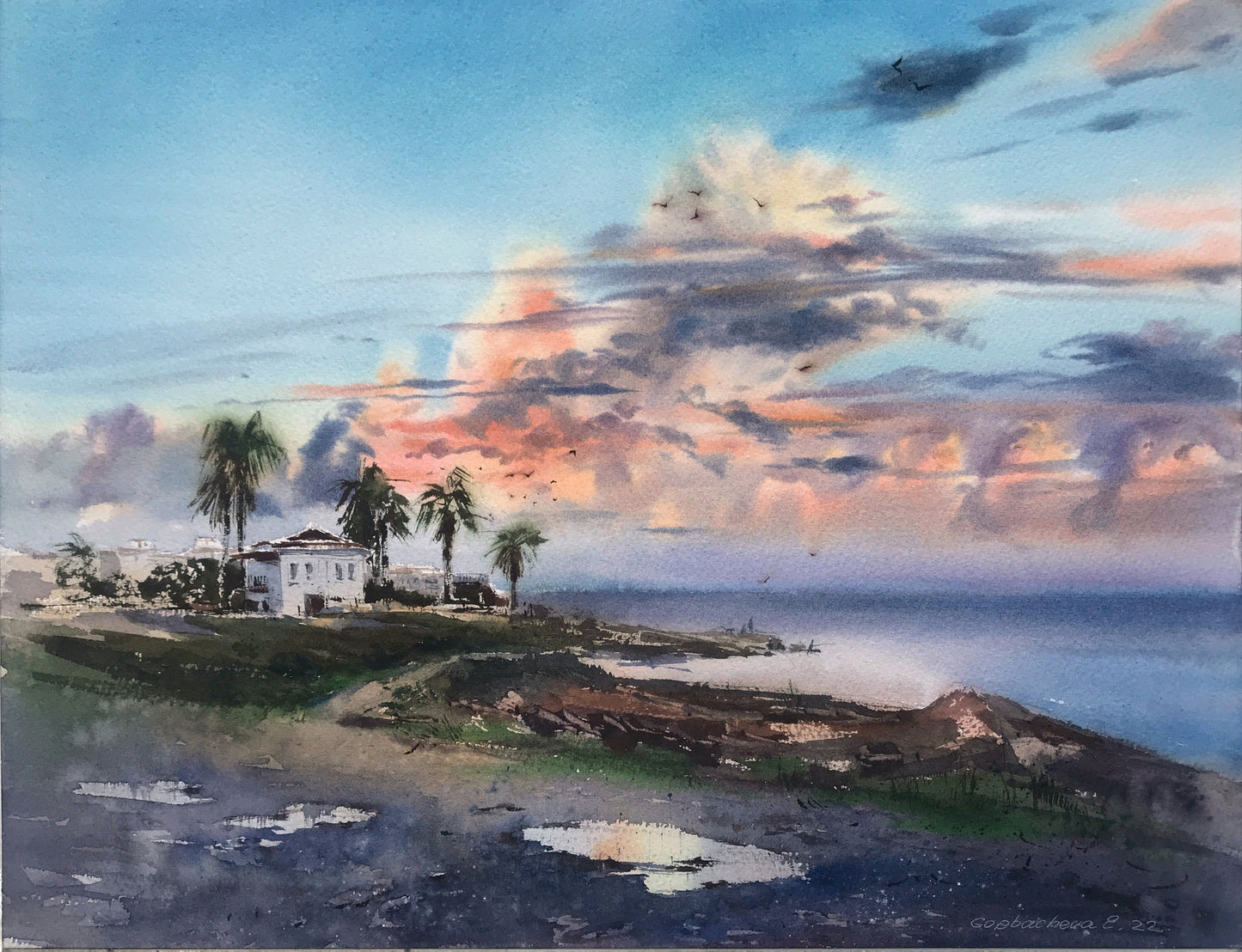 Coastal House Watercolor Painting Original, Summer Seascape Art, Seashore, Ocean Bedroom Wall Decor, Gift for Sea Lover