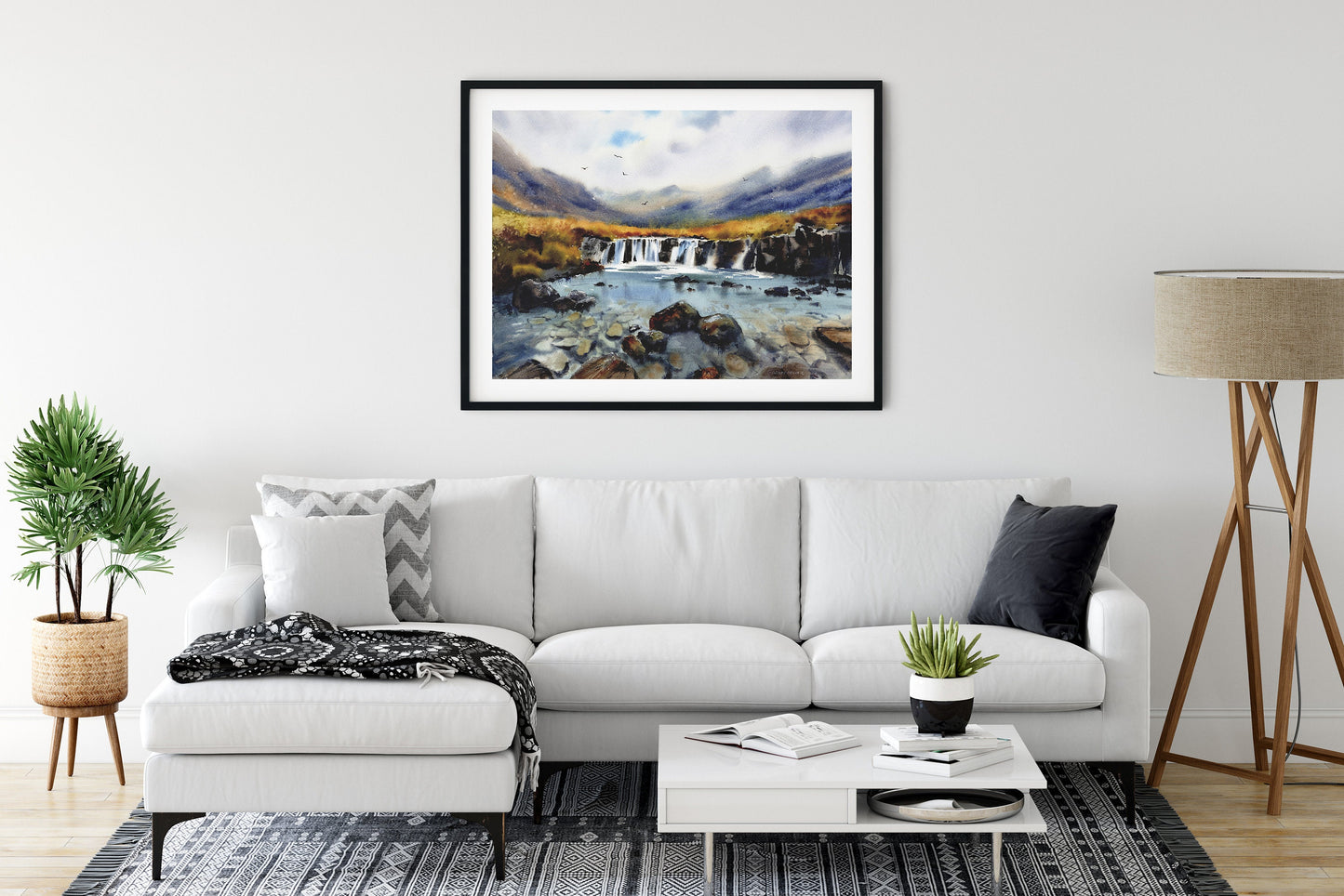 Nordic Landscape, Waterfalls, Icelandic Wall Art, Mountain Waterfall, Abstract Watercolor Painting, Large Canvas Print