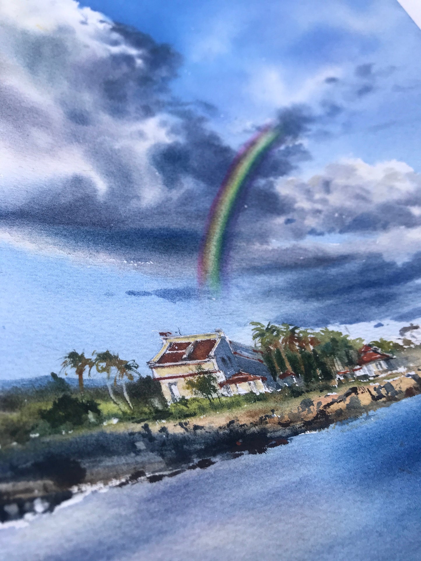 Watercolor Coastal Painting Original, Seascape Art, Beach House Living Room Wall Decor, Gift, Rainbow, Clouds