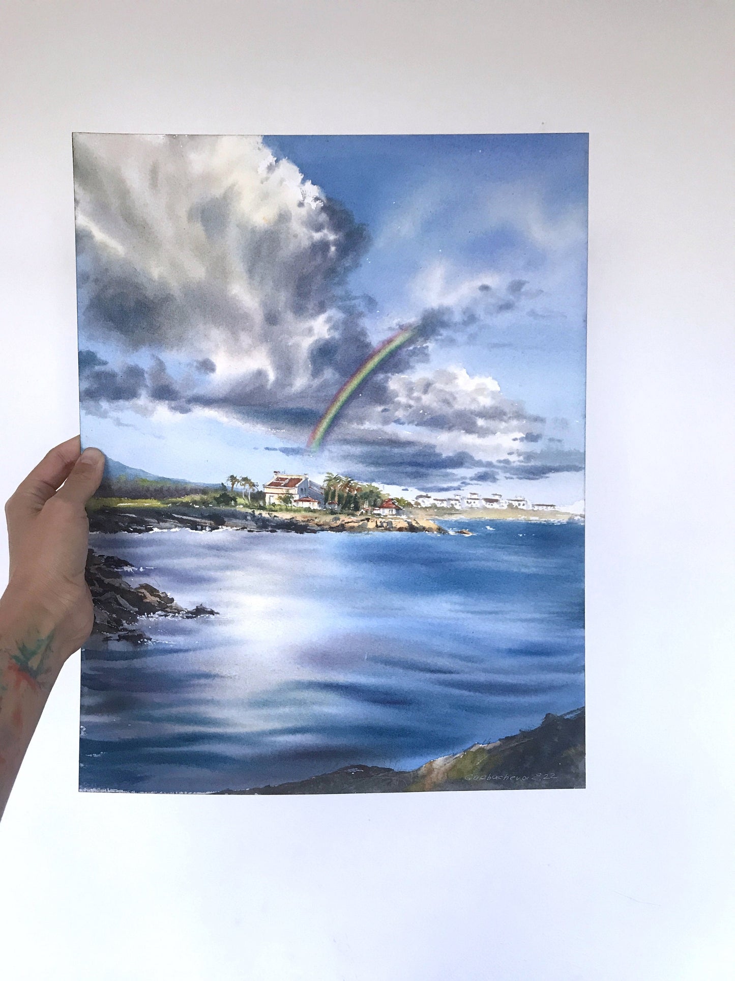 Watercolor Coastal Painting Original, Seascape Art, Beach House Living Room Wall Decor, Gift, Rainbow, Clouds
