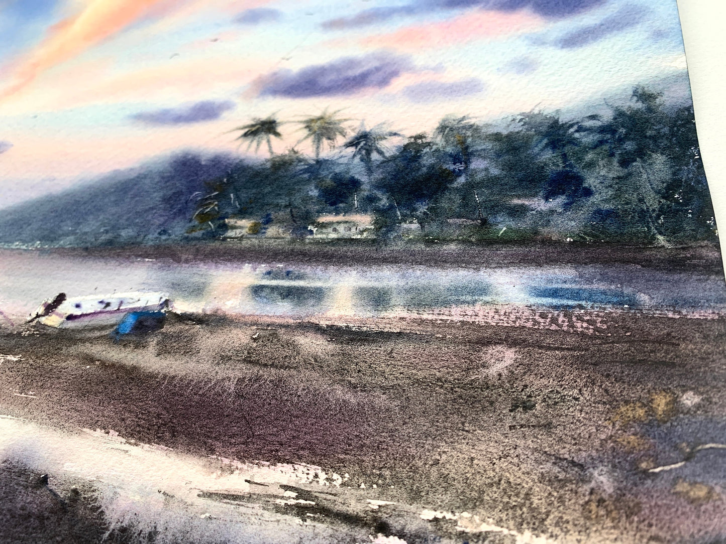 Beach Painting Original Watercolor, Mauritius Seascape Art, Purple Clouds, Coastal, Bedroom Wall Decor, Gift, Mauritius