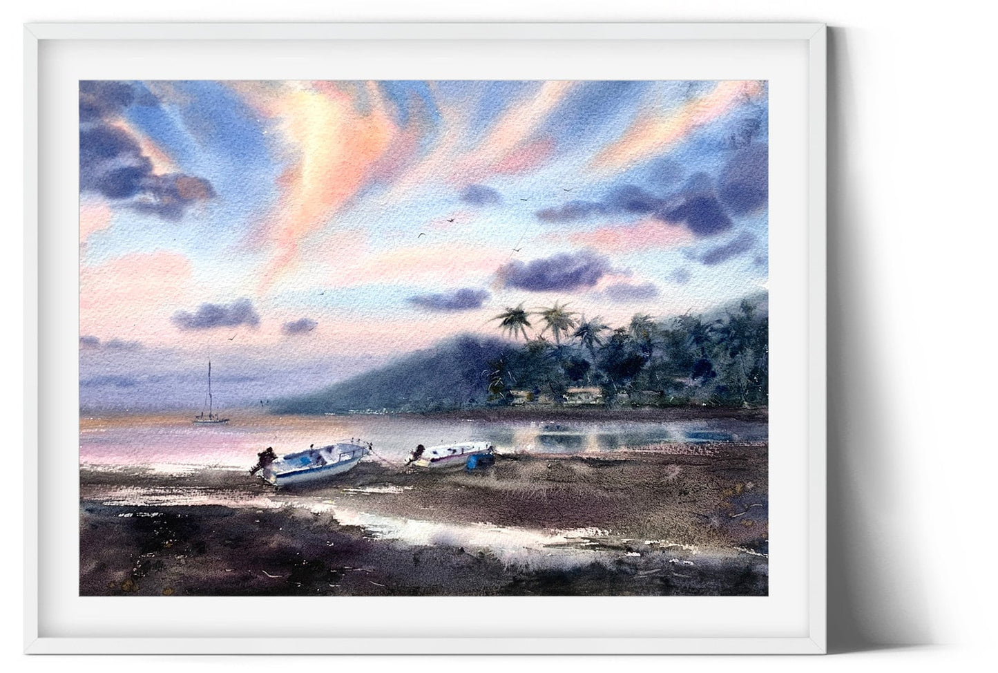 Beach Painting Original Watercolor, Mauritius Seascape Art, Purple Clouds, Coastal, Bedroom Wall Decor, Gift, Mauritius
