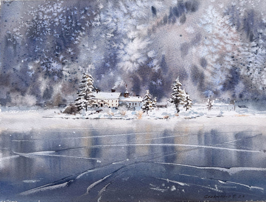 Snowy Forest Painting Original, Watercolor Winter Landscape, Snowy Trees Wall Decor, Frozen Lake Art, Frosty Morning