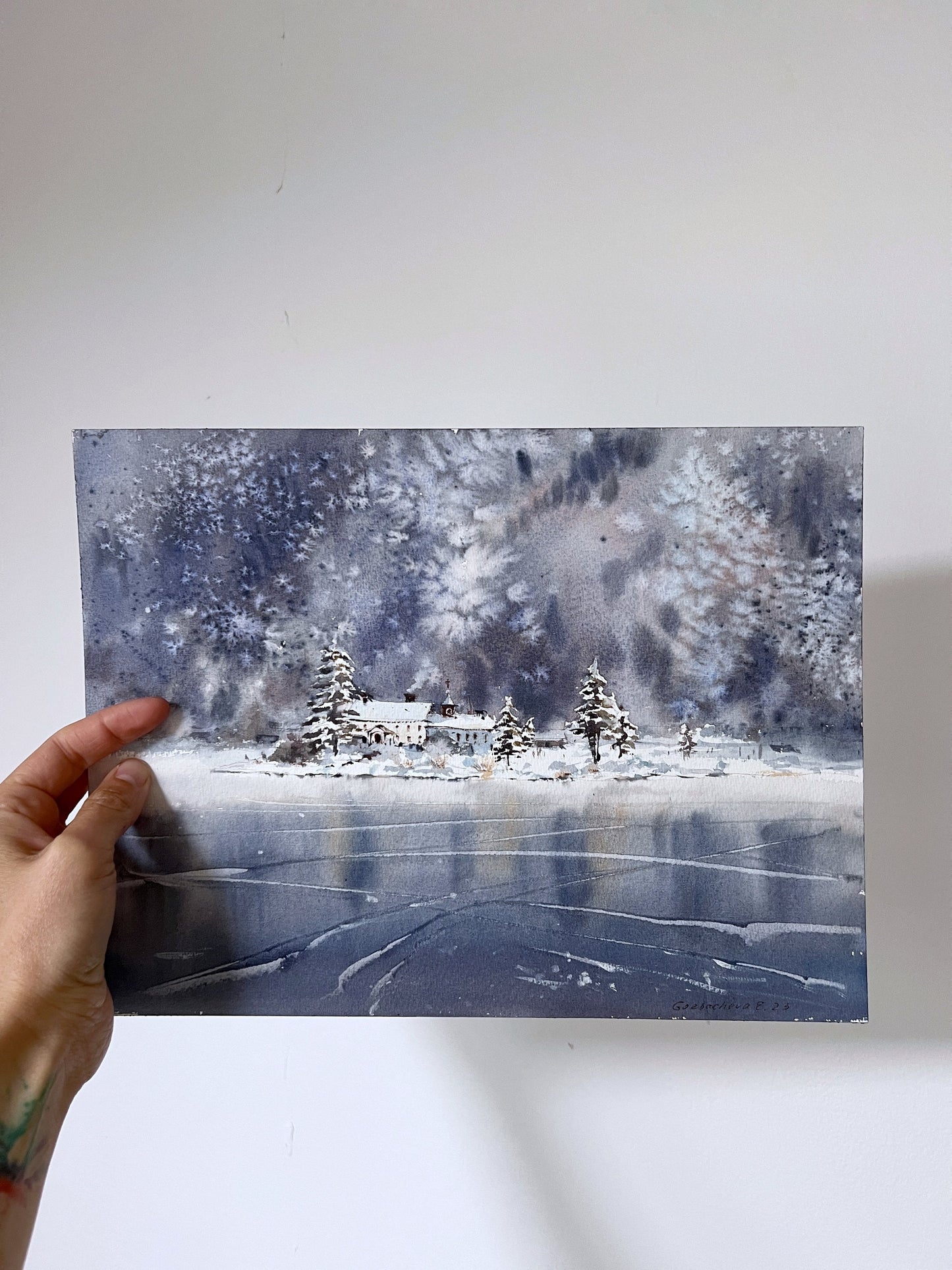 Snowy Forest Painting Original, Watercolor Winter Landscape, Snowy Trees Wall Decor, Frozen Lake Art, Frosty Morning