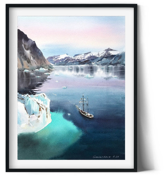 Antarctica Ship Painting Original, Watercolor Winter Seascape, Explorer, Adventure Travel Art, Ocean Iceberg Wall Decor
