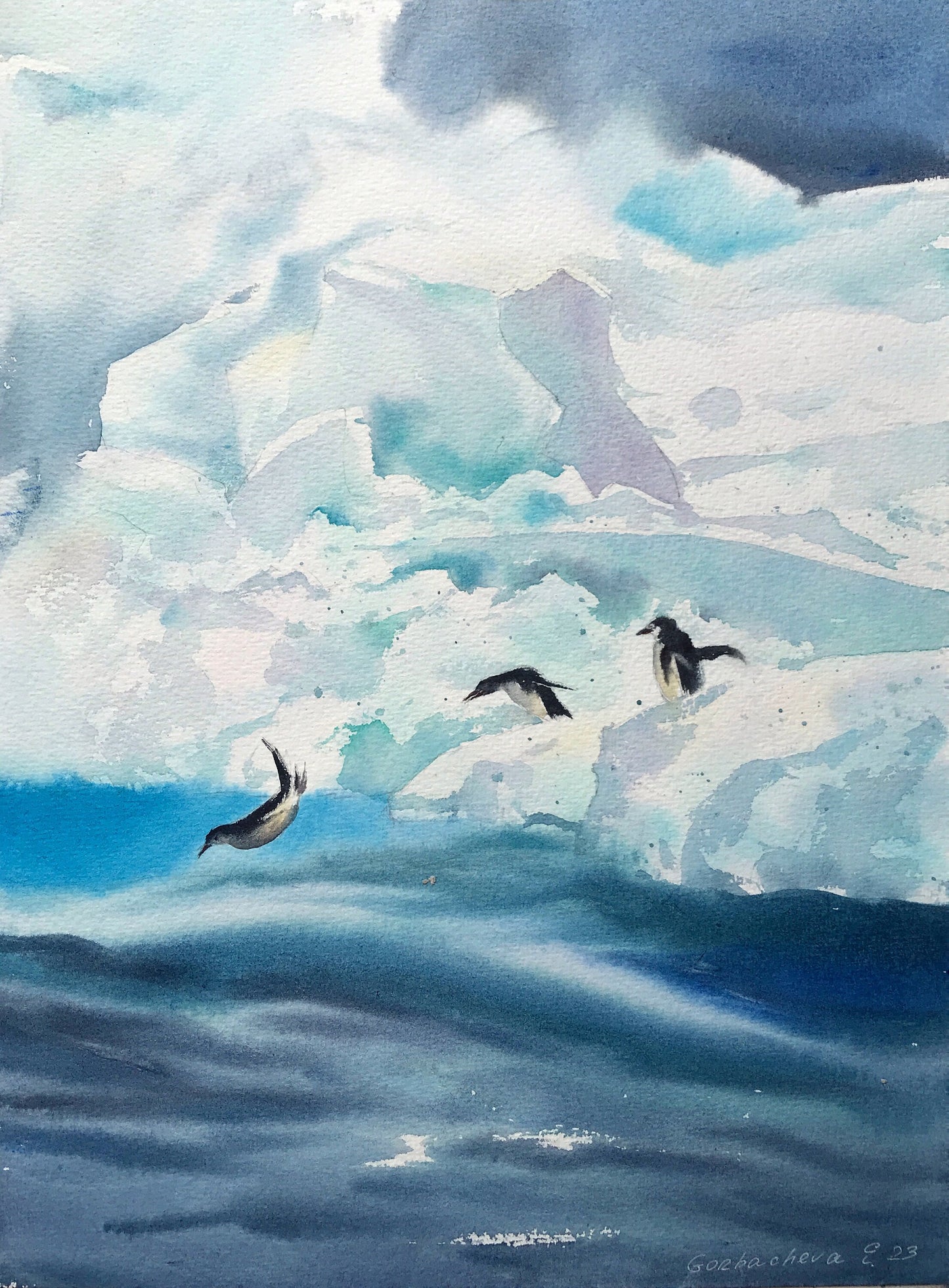 Antarctica Penguins Watercolor, Ice Painting Original, Iceberg Seascape, Explorer, Travel Adventure Art