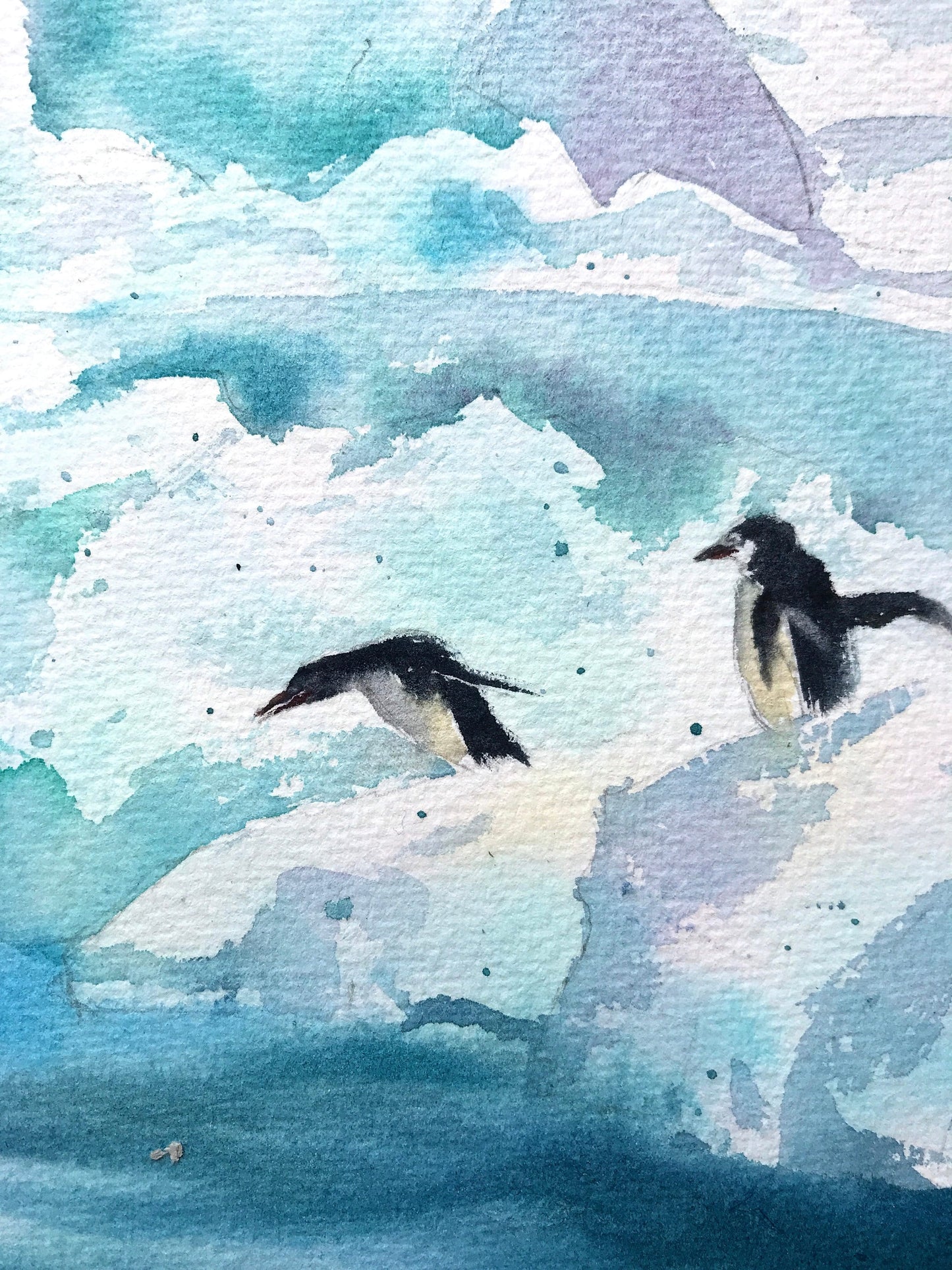 Antarctica Penguins Watercolor, Ice Painting Original, Iceberg Seascape, Explorer, Travel Adventure Art