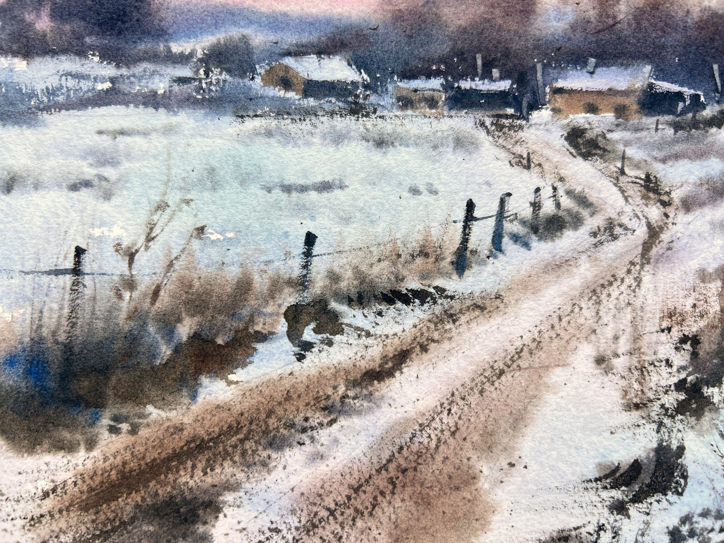 First Snow Watercolor Painting Original, Winter Landscape, Snowy Field Wall Decor, Rural Art, Sunny Evening, Gift