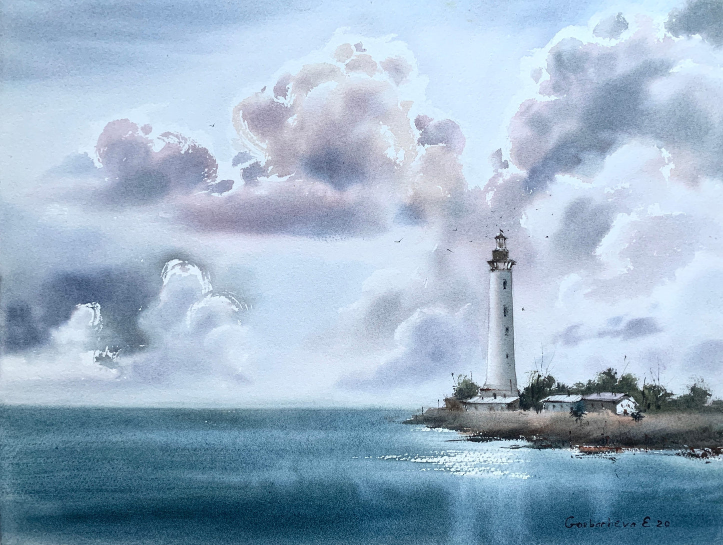 Lighthouse Original Painting, Nautical Watercolor Artwork, Coastal Wall Art Decor, Gifts For Men Unique, Blue Sea Clouds