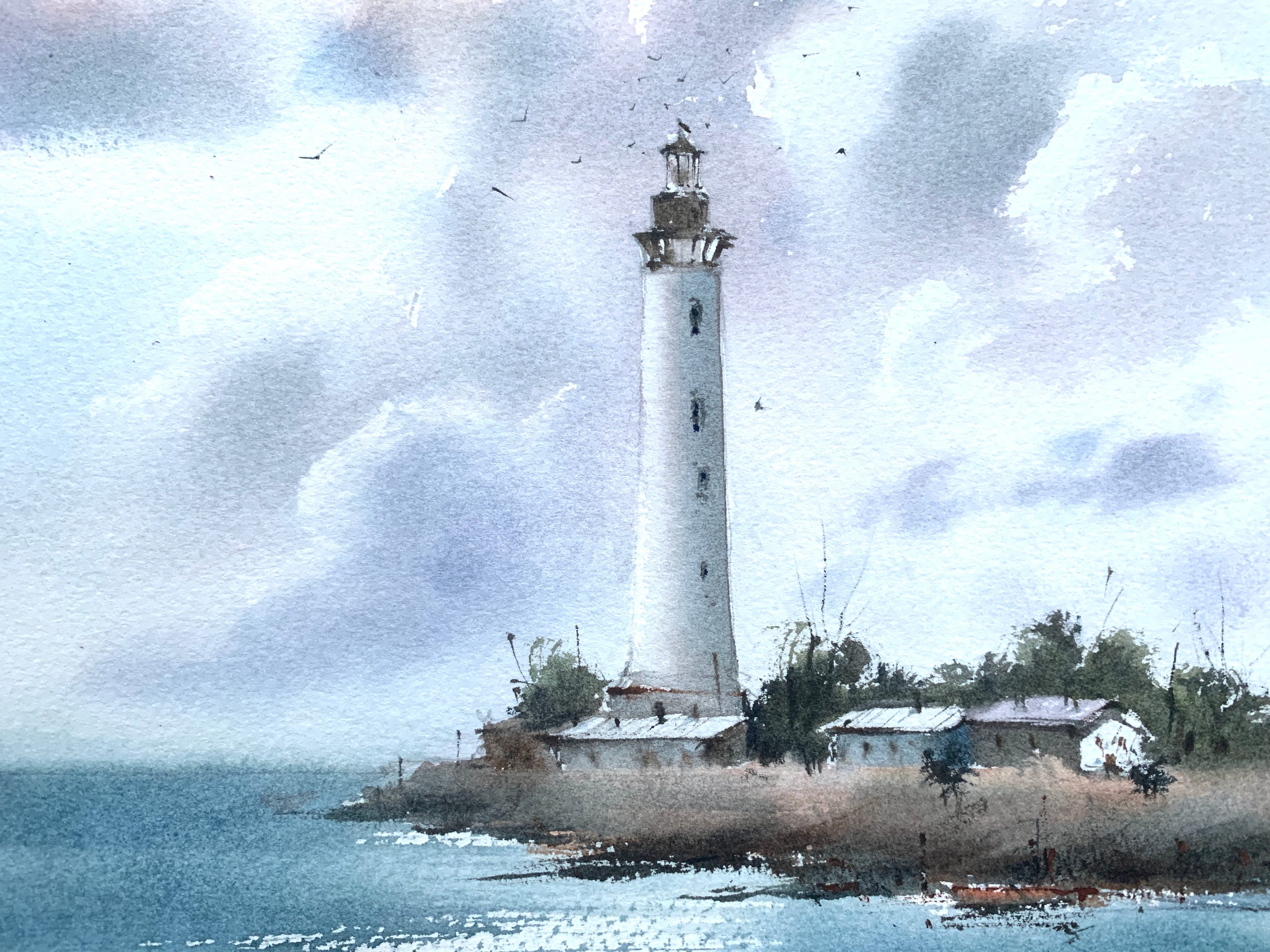 Original watercolor, marina painting. Seascape watercolor, lighthouse wall art. Lighthouse watercolor, coastal order watercolor. ArtduStudio 8×11