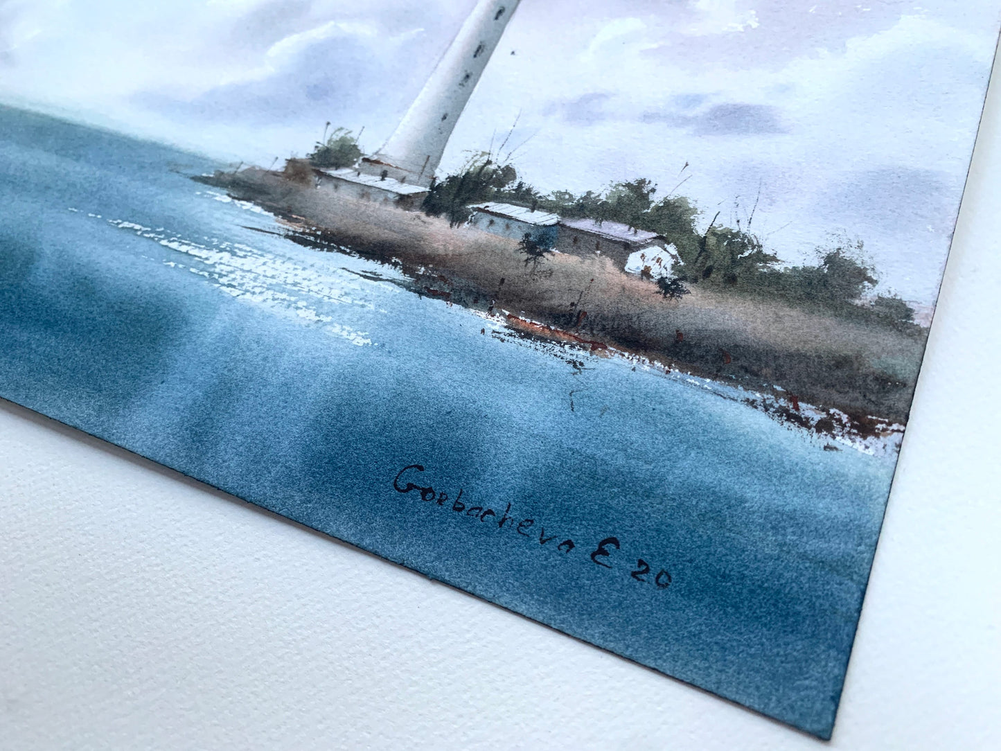 Lighthouse Original Painting, Nautical Watercolor Artwork, Coastal Wall Art Decor, Gifts For Men Unique, Blue Sea Clouds