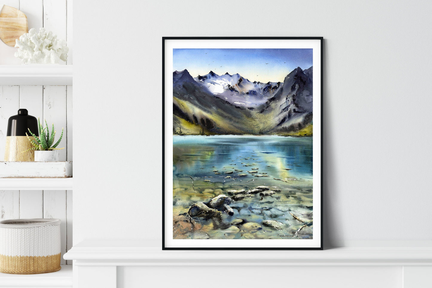Mountain Lake Wall Art, Nature Art Decor, Clear Blue Water, Landscape Large Print, Modern Home & Office Wall Decoration