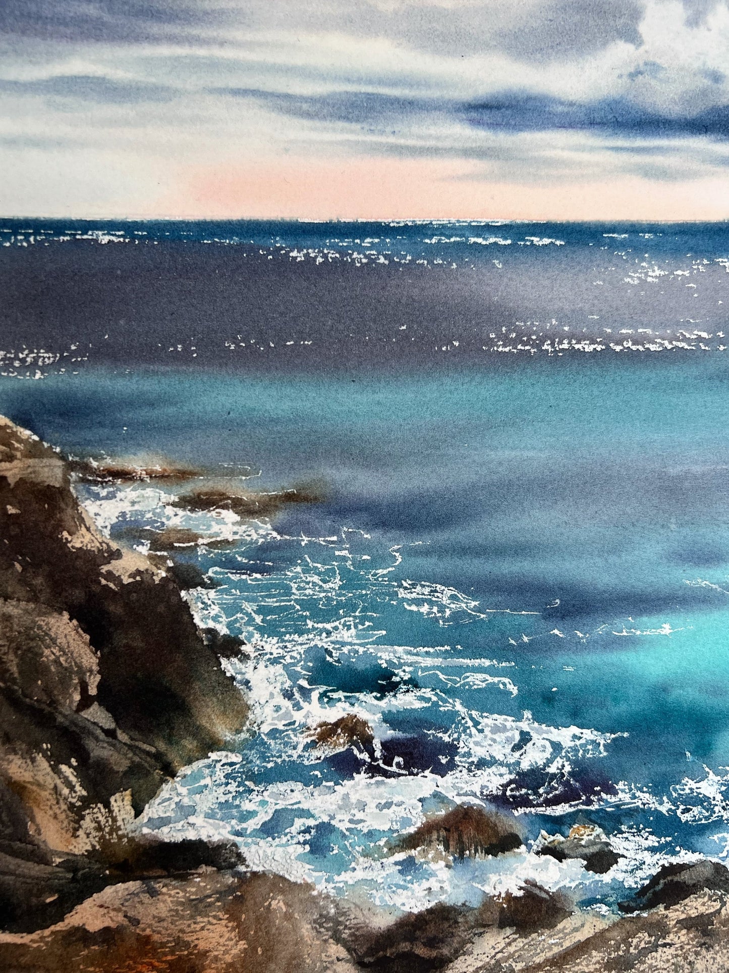 Sea Stones Painting, Original Watercolor Artwork, Sea Wave Art, Seascape, Coast, Hand-painted Ocean Home Wall Decor