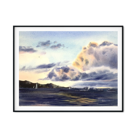 Painting Original, Seascape Watercolor, Yacht Art, Clouds, Sunset, Coastal Room Wall Decor, Gift For Sea Lover, Purple