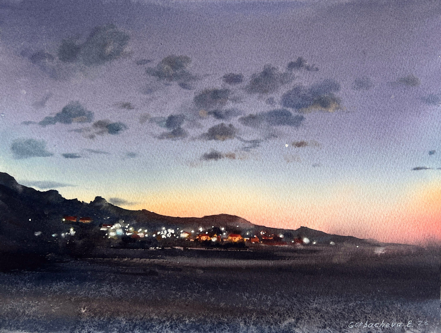 First Star Painting Original Watercolor, Mountain Village Artwork, Evening Sky, Clouds Art, Hand-painted Home Wall Decor