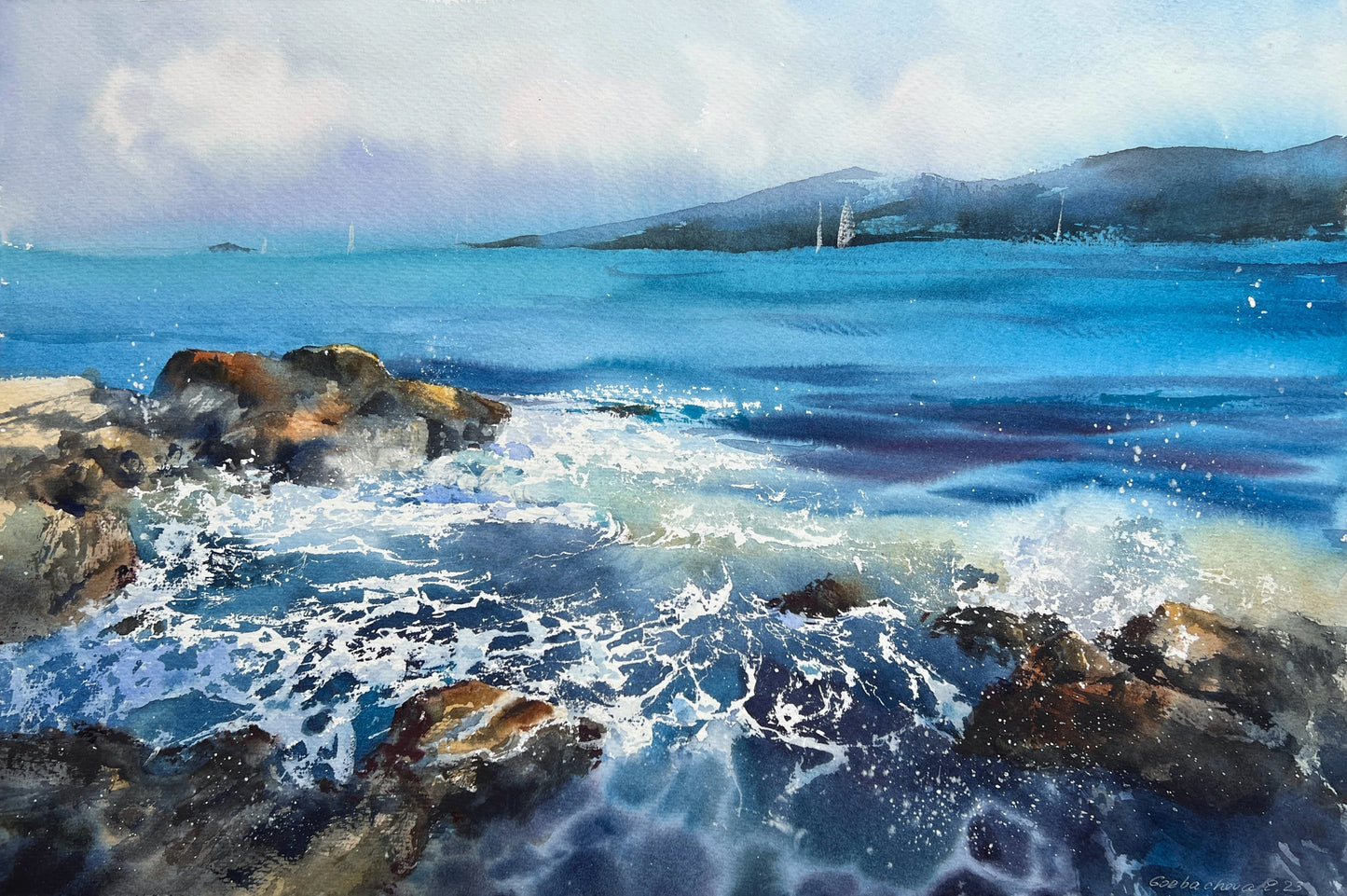 Coastal Painting Original, Watercolour Seascape Artwork - "Sea and Stones #2" - 15x22 in