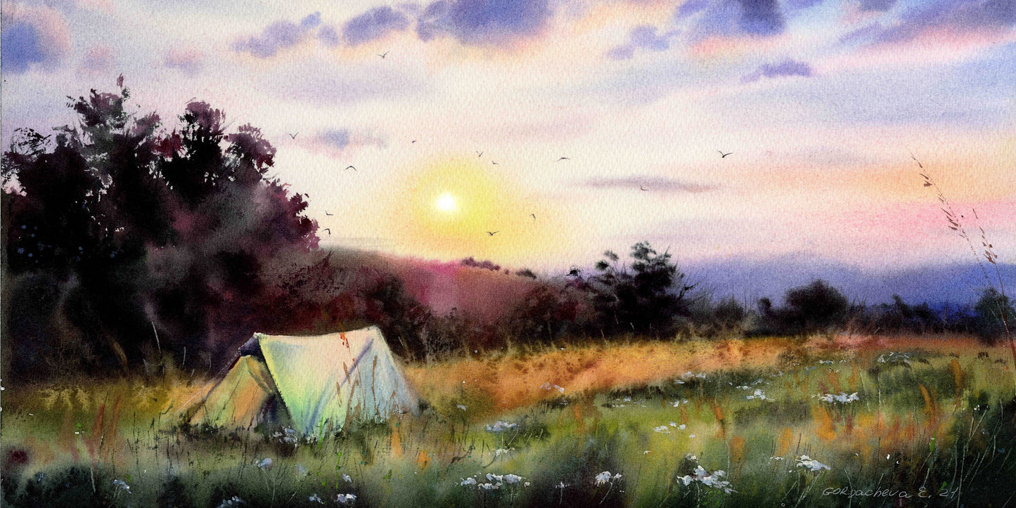 Camping Landscape Painting - Outdoor Adventure Panoramic Wall Art Print
