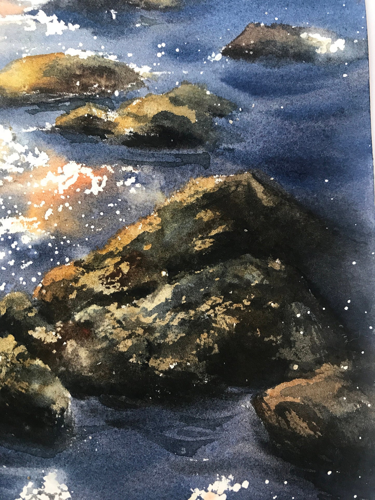 Morning Seascape Watercolor Painting, Original Artwork, Ocean Stones Art, Sun, Bedroom Wall Decor, Gift for Sea Lover
