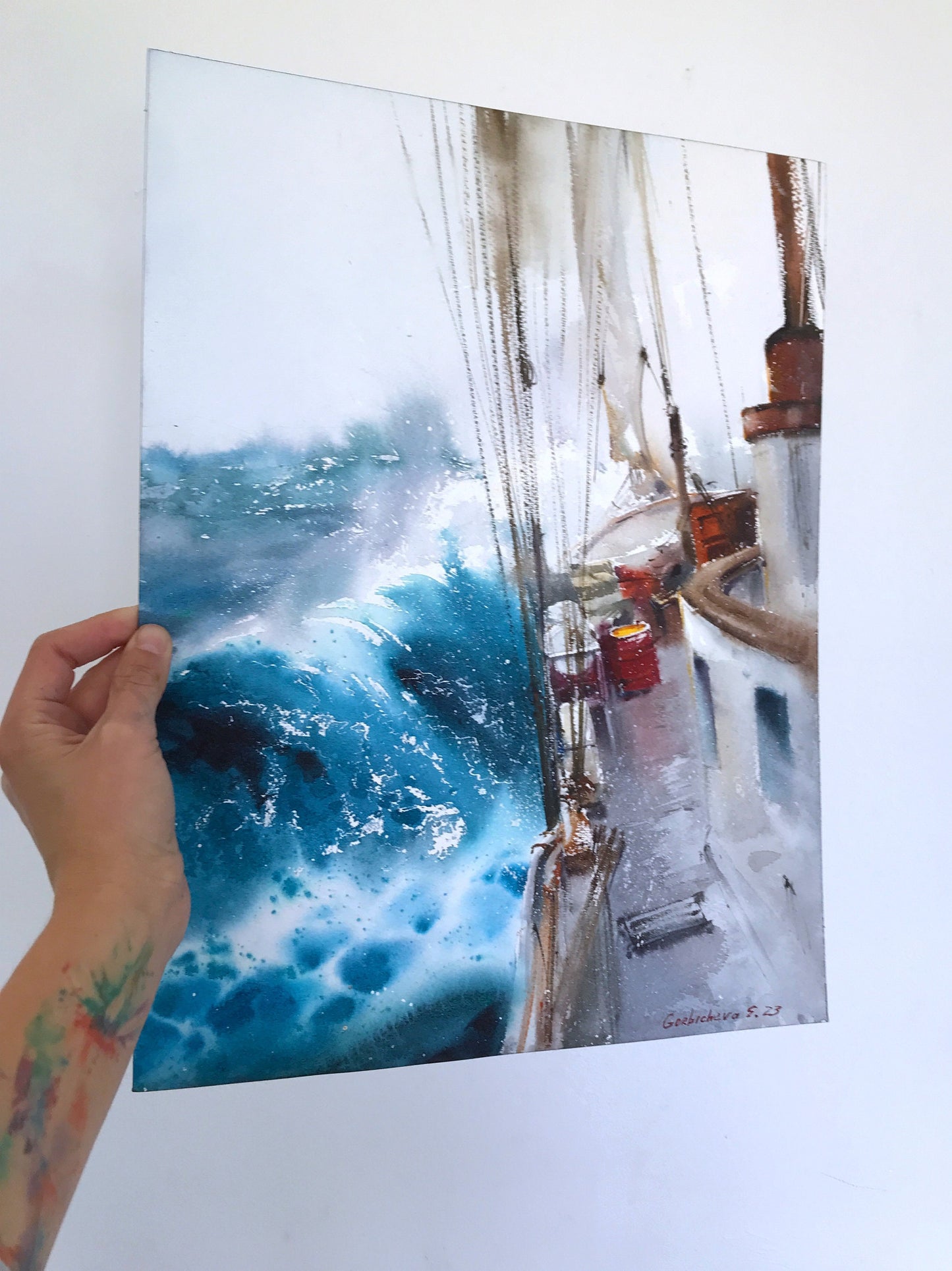Yacht Storm Painting Original Watercolor, Sailboat Artwork, Seascape Coastal Wall Decor, Yachting Art, Gift, Blue