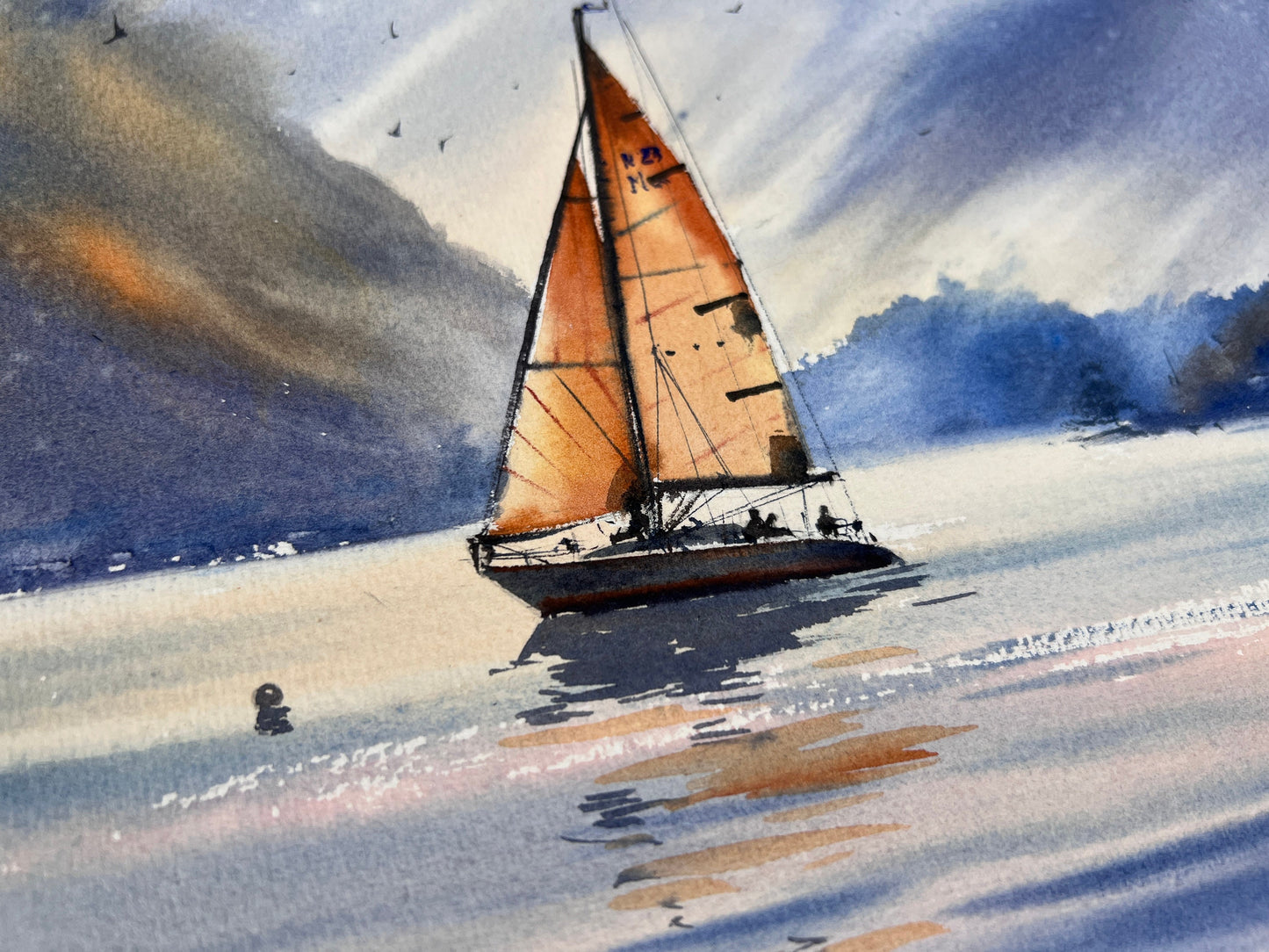Sea Sailboat Small Painting, Watercolor Original, Seascape Artwork, Tropic Beach Art, Coastal Wall Art Decor