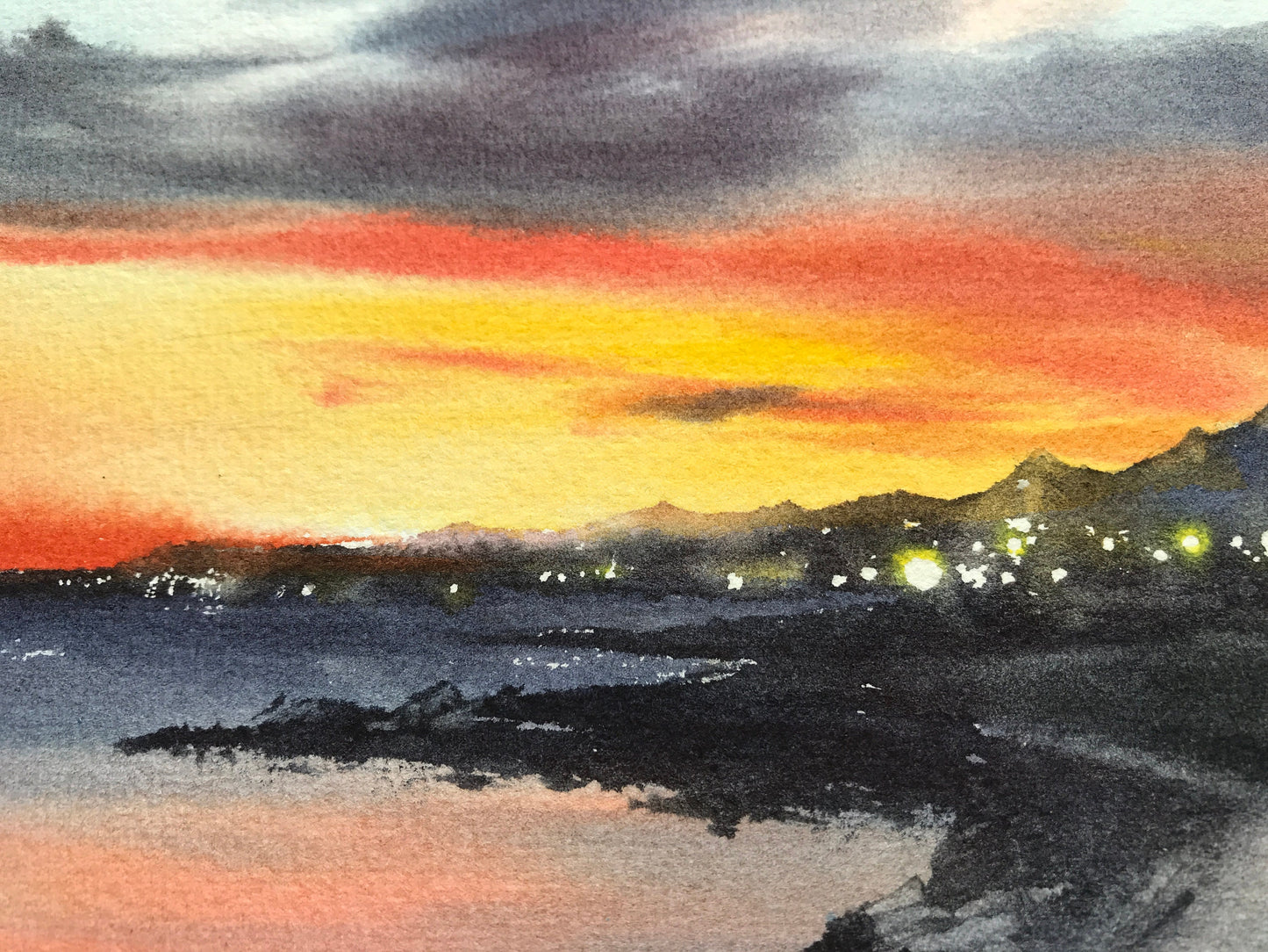 Coastal Sunset Painting, Sea Beach Watercolor Original Art, Landscape Wall Art, Sky, Nature, Orange Grey, Gift For Mom
