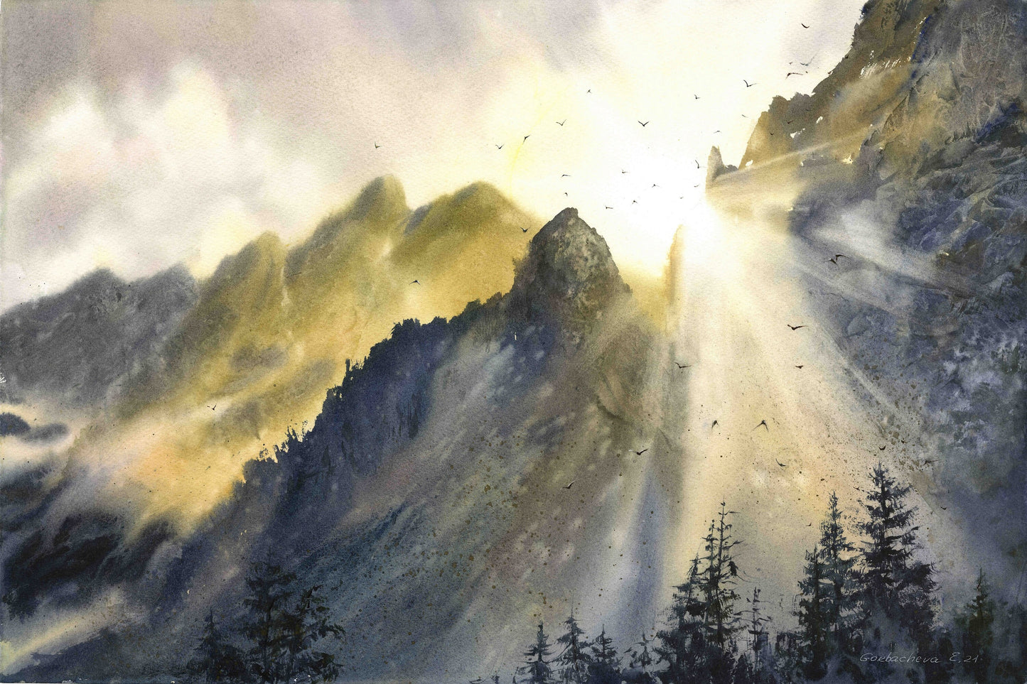 Sun and Mountain Wall Art, Watercolor Nature Artwork, Landscape Print, Modern Wall Art, Abstract Mountain Sunrise Print