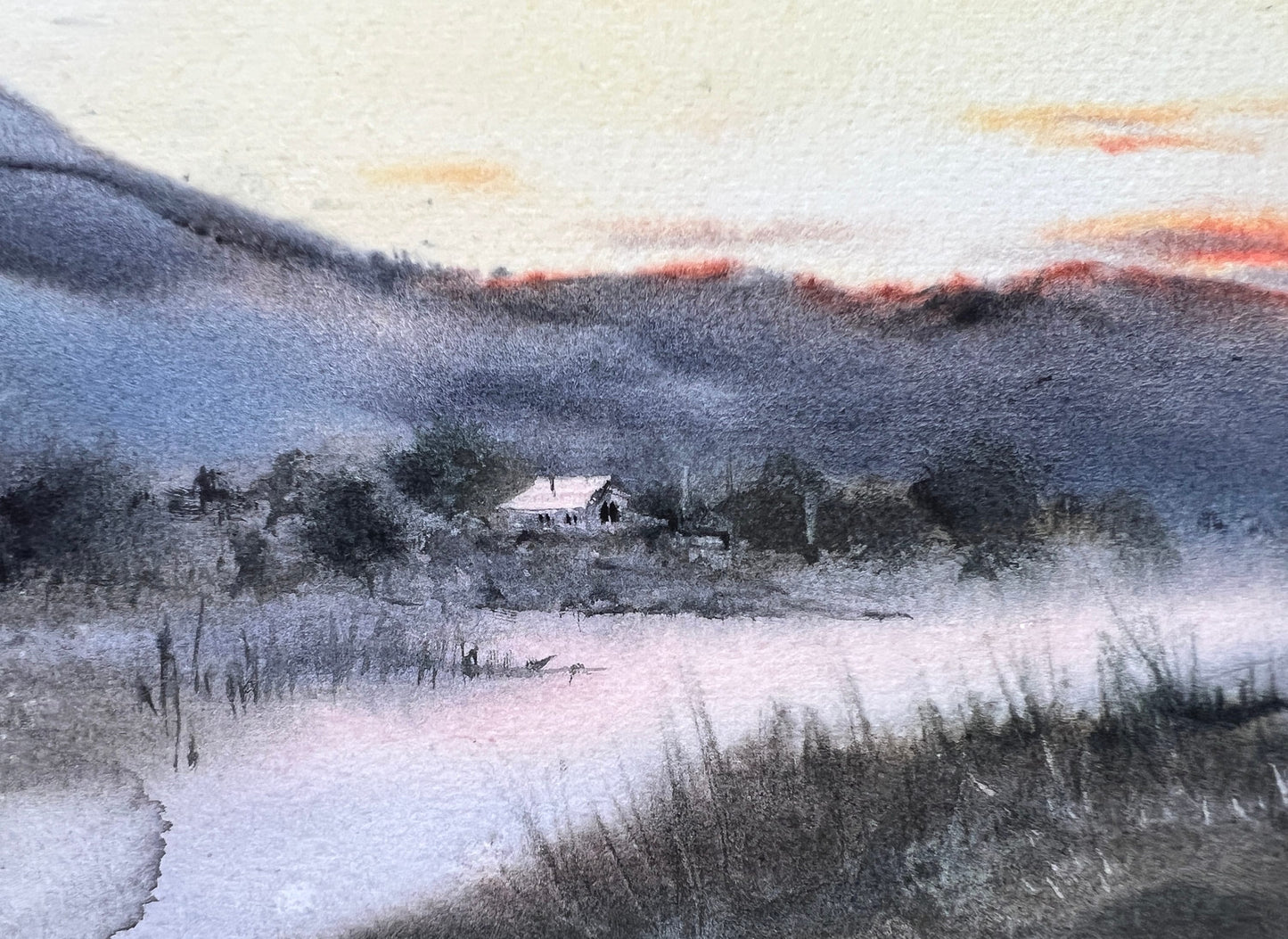 Foggy Morning Landscape Painting Original, Modern Watercolor Artwork, Misty Mountain Wall Art, Orange Sunrise, Gift