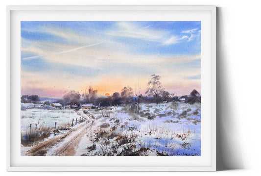 First Snow Watercolor Painting Original, Winter Landscape, Snowy Field Wall Decor, Rural Art, Sunny Evening, Gift