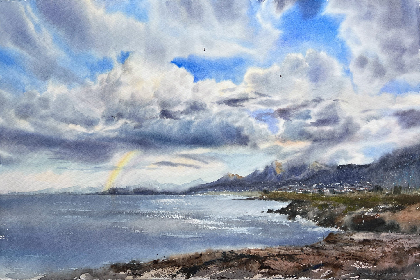 Sea Coast Painting 22x15 in, Original Watercolour, Rainbow Artwork, Blue Sky Art, Beach Home Wall Decor, Clouds, Gift