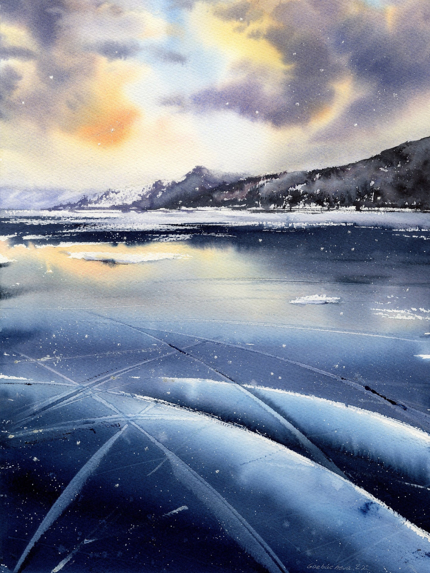 Frozen Lake Art Print, Winter Nature Wall Art, Watercolor Baikal Painting, Landscape Canvas Prints, Blue Ice, Home Decor
