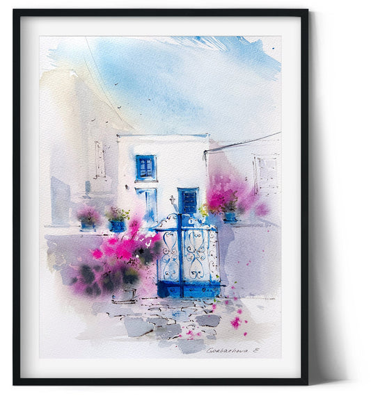Small Original Sketch, Watercolour Artwork, Coastal City House, Santorini Island, Greece Art Decor, Gift For Traveler