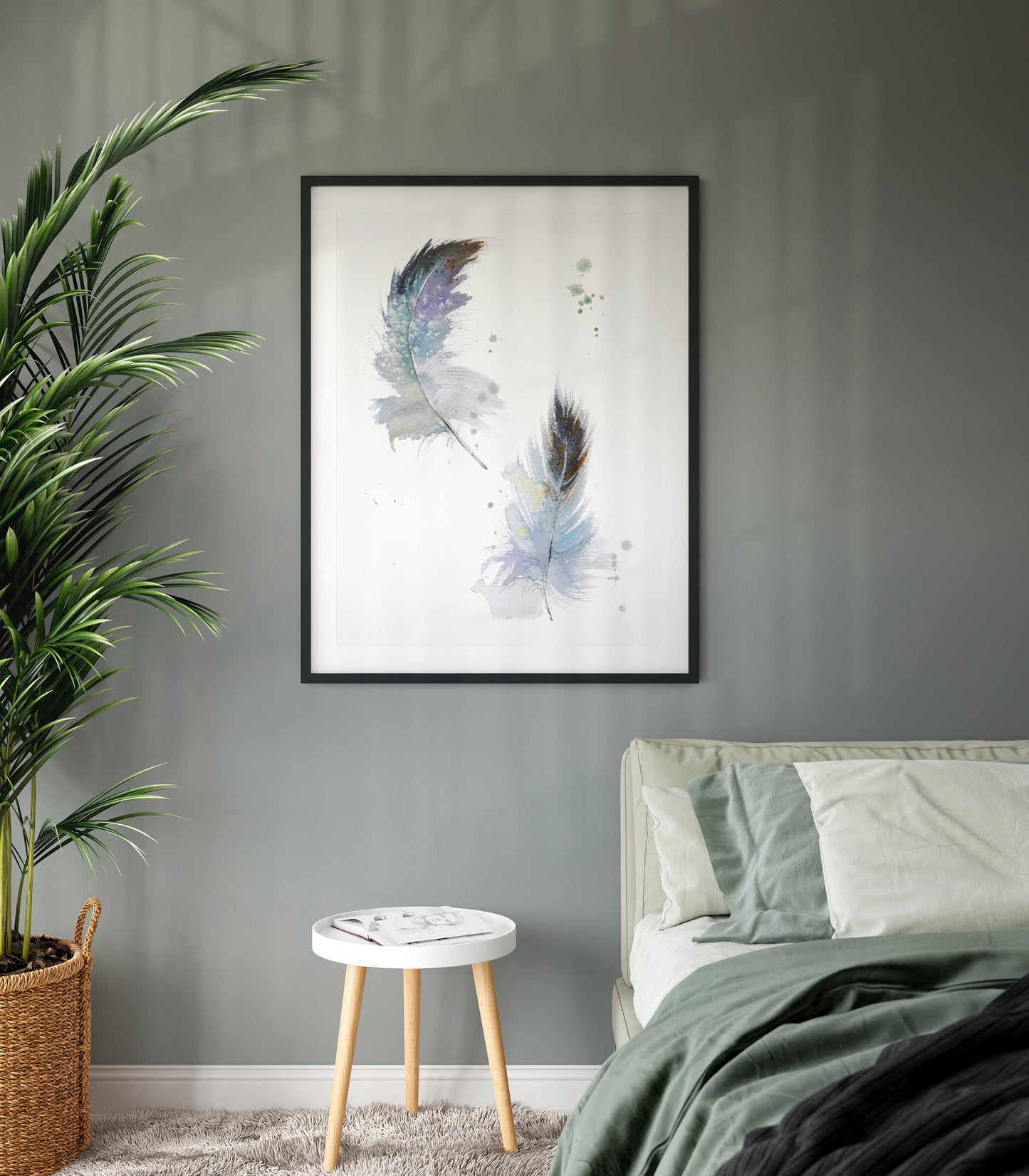 Owl Feather Art Print, Watercolor Gray Owls, Minimalist Bird Painting, Canvas Print, Scandi Room Wall Decor