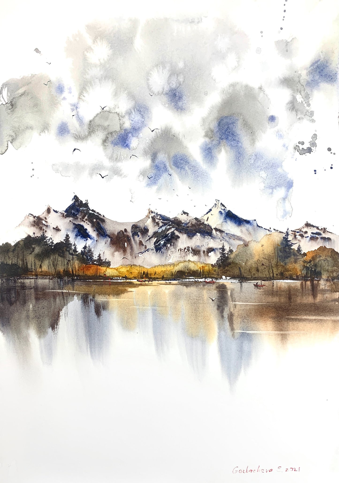 Autumn Mountain Lake Painting, Watercolor Original Artwork, Pine Forest, Nature Wall Art, House Decor, Landscape