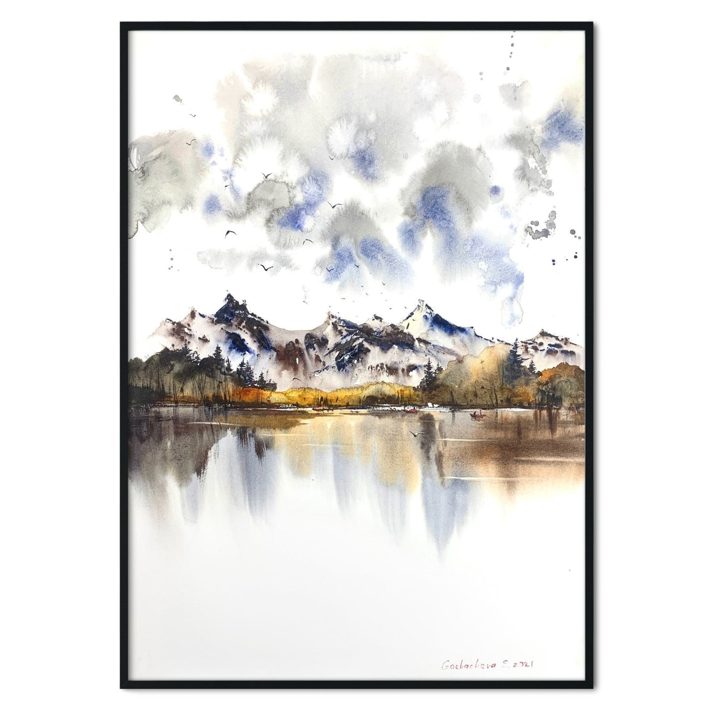 Autumn Mountain Lake Painting, Watercolor Original Artwork, Pine Forest, Nature Wall Art, House Decor, Landscape