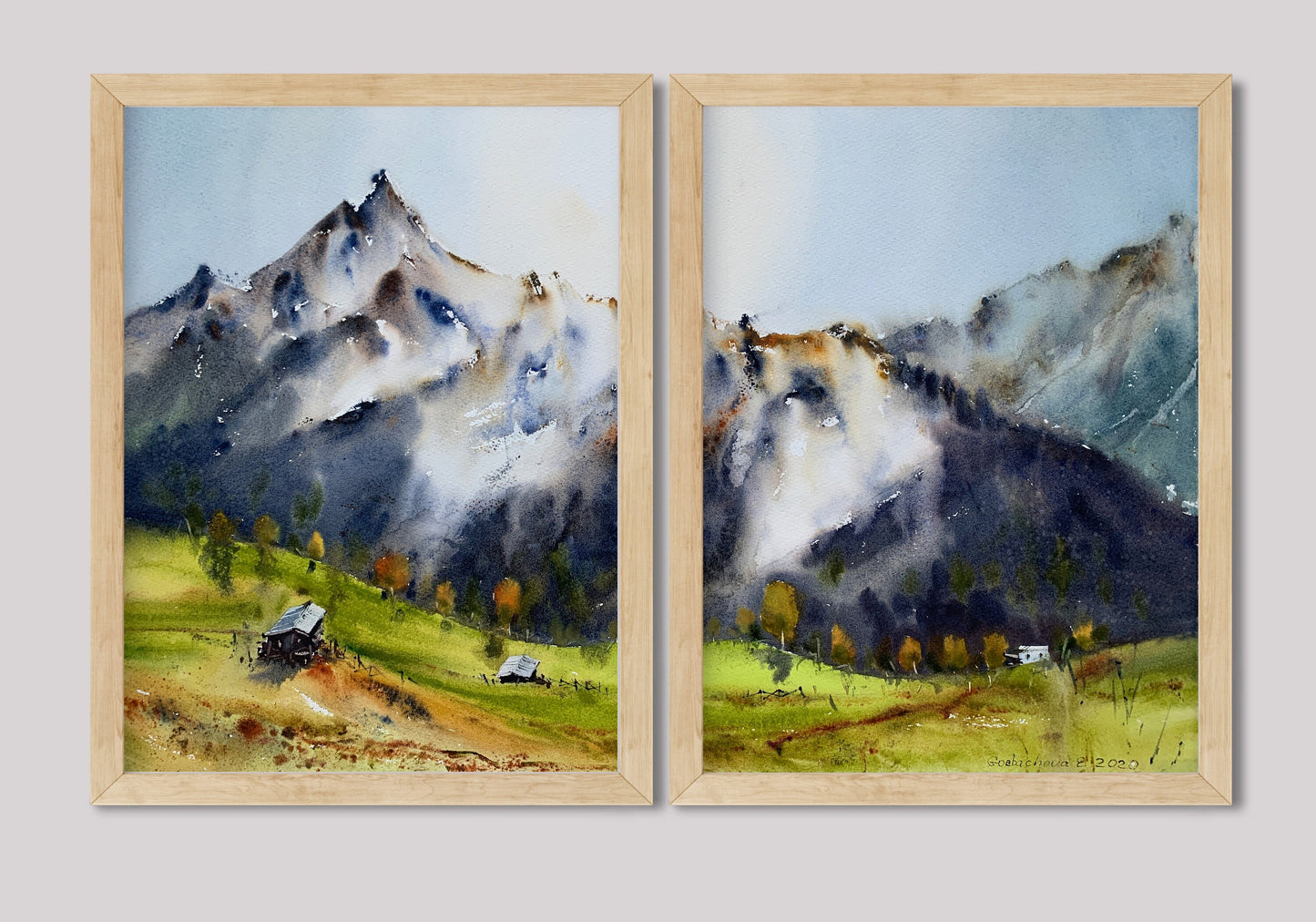 Split Painting, Mountain Set of 2 Prints, Alpine Wall Art, Nature Decor, Watercolor Scenery Painting, Extra Large Print