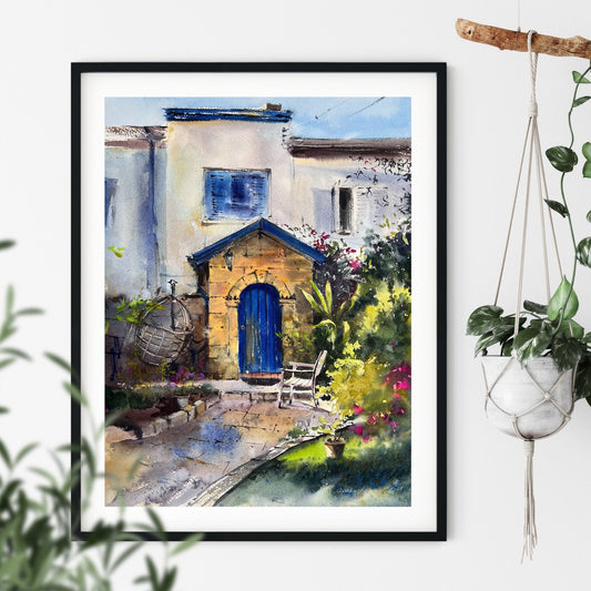 Original Watercolor Art: Girne Center, Northern Cyprus #3 with Charming Mediterranean Architecture - 12x16 inches