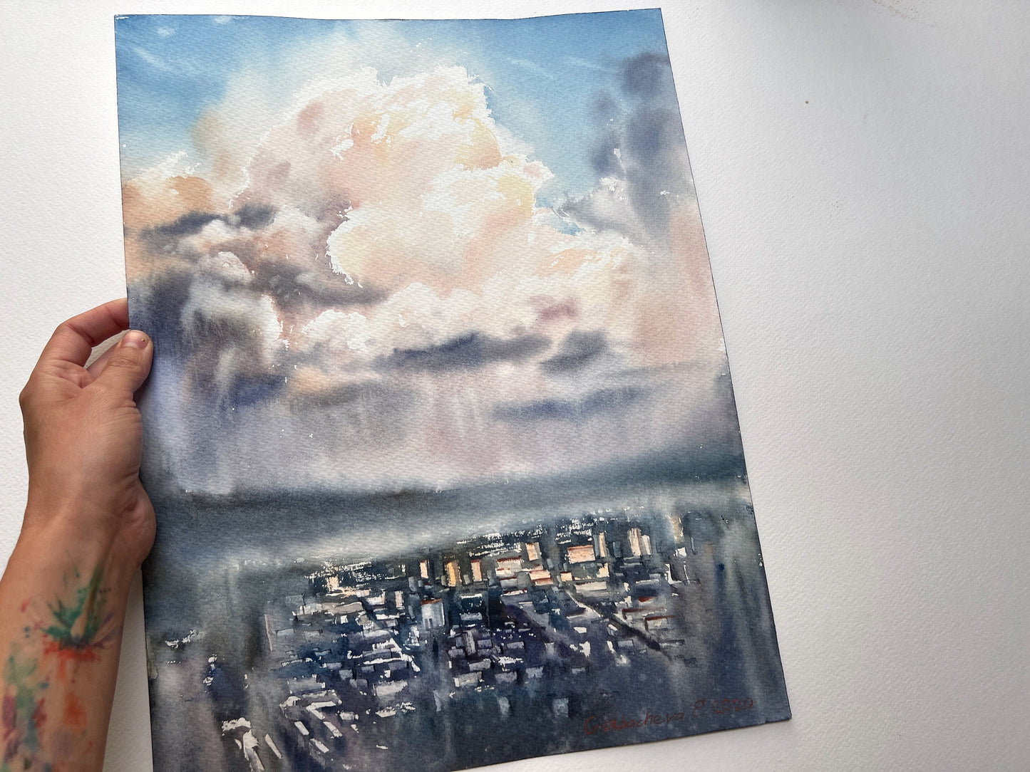 Cyberpunk Painting Original, Watercolor City Above The Cloud, Rainy Clouds, Cityscape Wall Art Decor, Gift