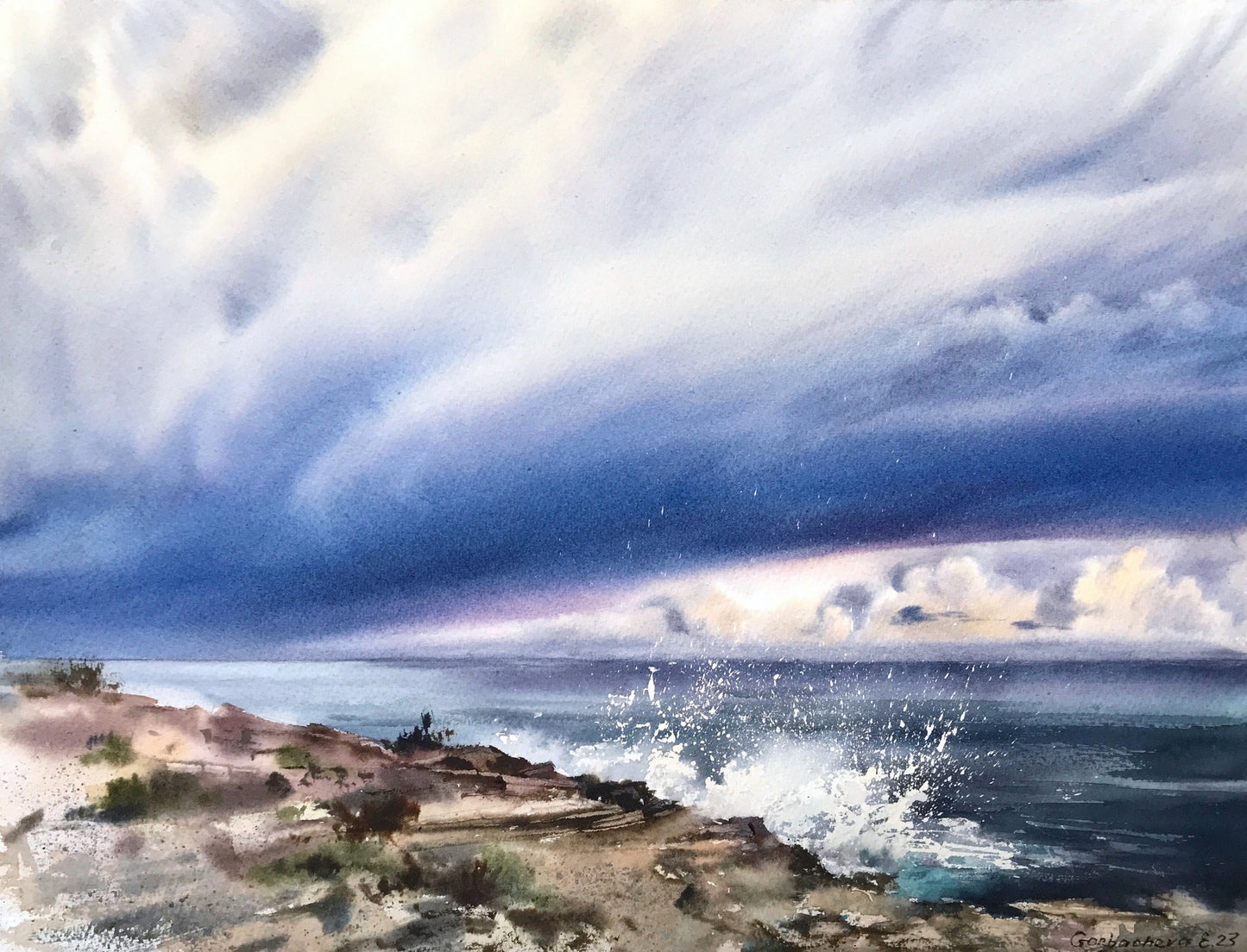 Storm Clouds Painting Original, Coastal Watercolor Artwork, Sea Waves, Seaside Wall Art, Seascape Home Wall Decor, Gift