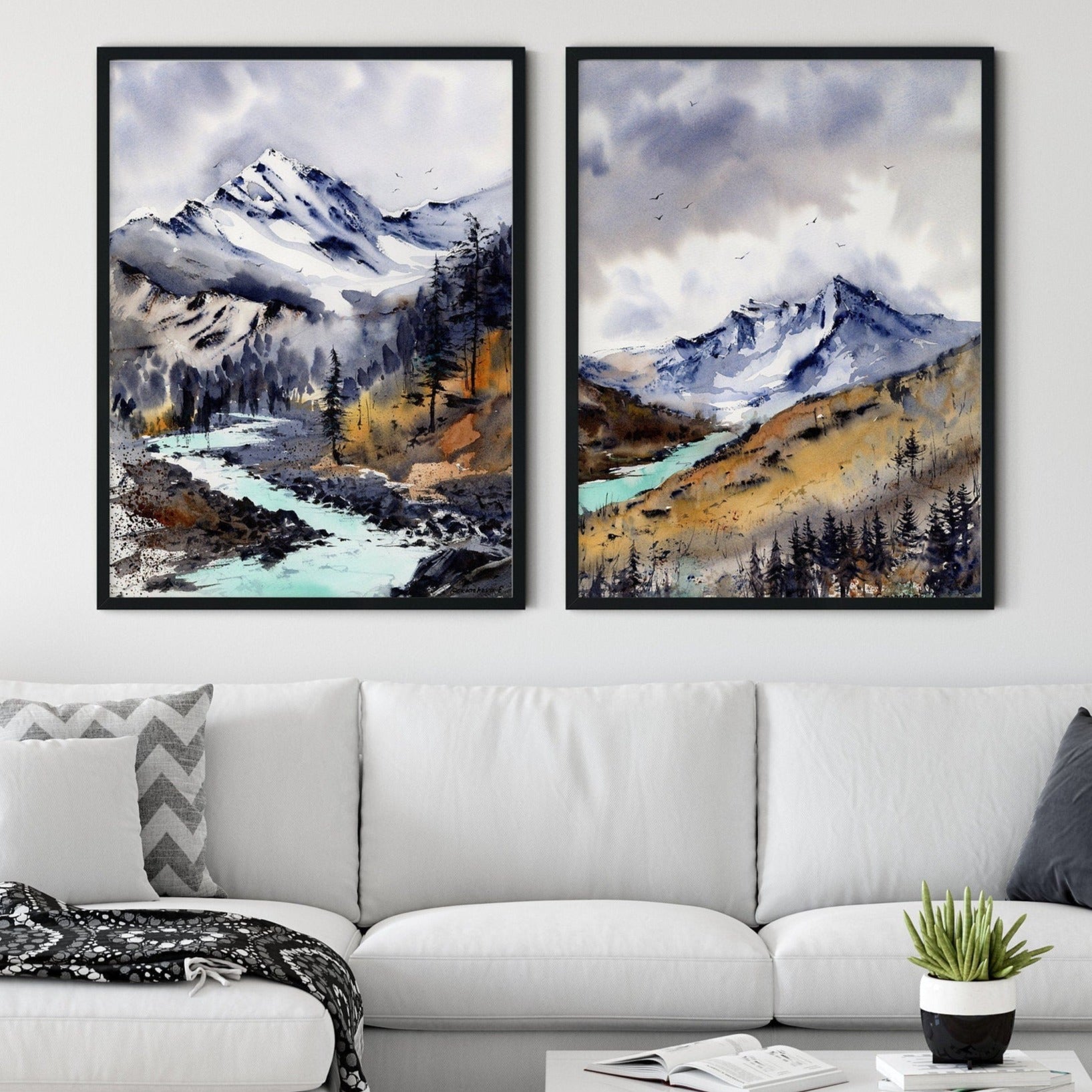 Mountain Wall Art, Watercolor Mountain Print, Nature Wall Art, 2 Piece ...