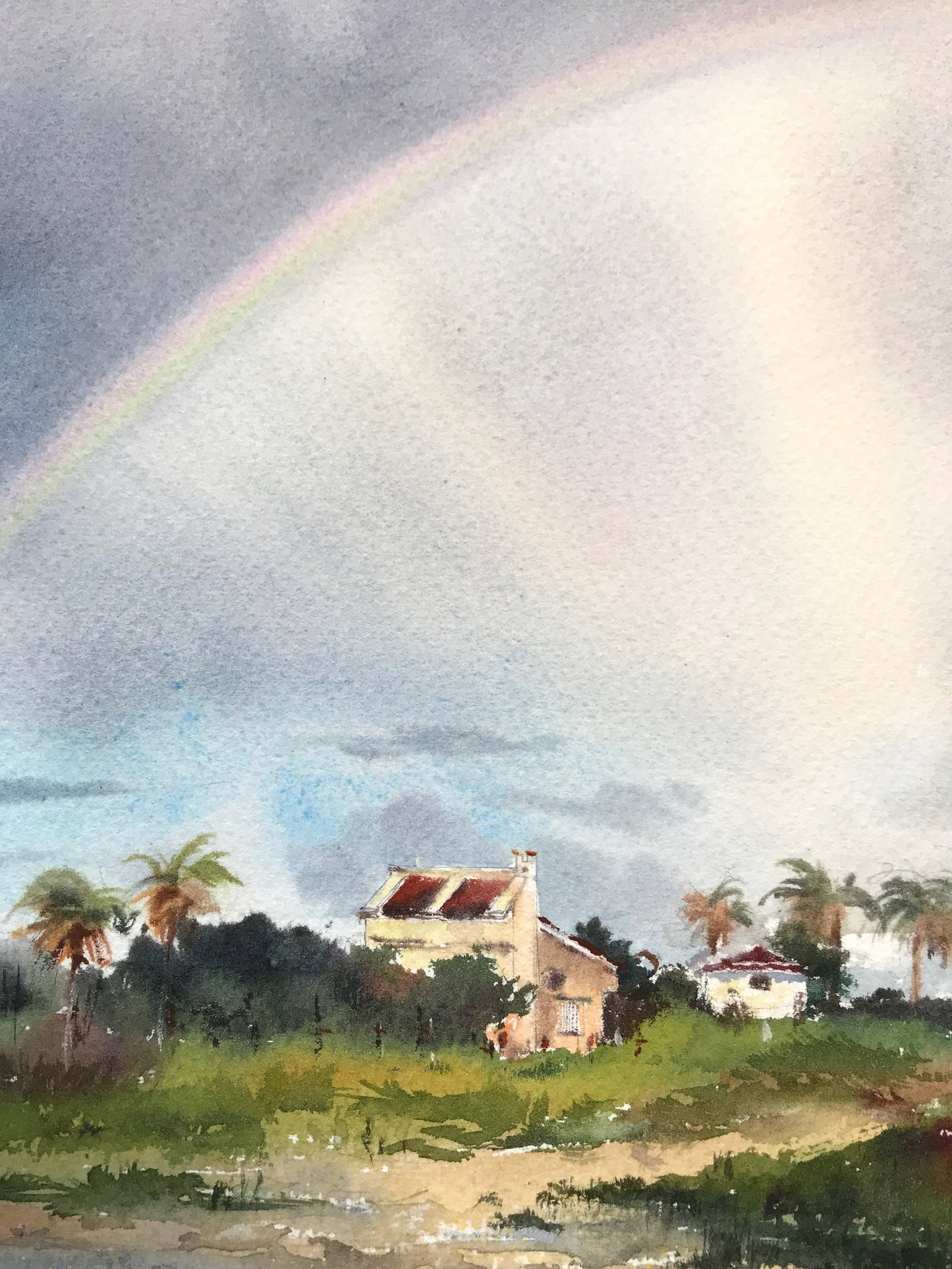 Beach House Painting Watercolor Original, Coastal Art, Sea Home Living Room Wall Decor, Gift, Rainbow, Cloud, Seaview