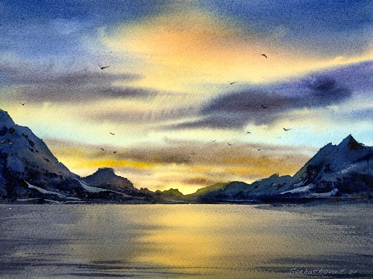 Mountain Sunset, Painting Watercolor Original, Landscape Wall Art, Mountains, Lake, Sky, Nature, Gift For Him