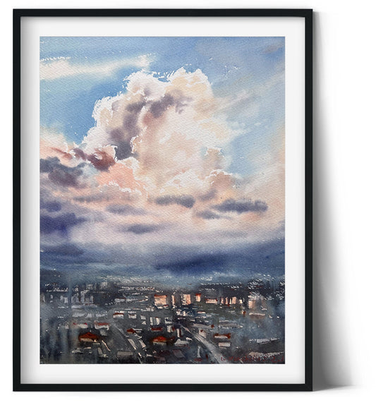 Under Cloud City Painting Original, Rainy Cityscape, Watercolor Artwork, Horizon Wall Art Decor, Gift