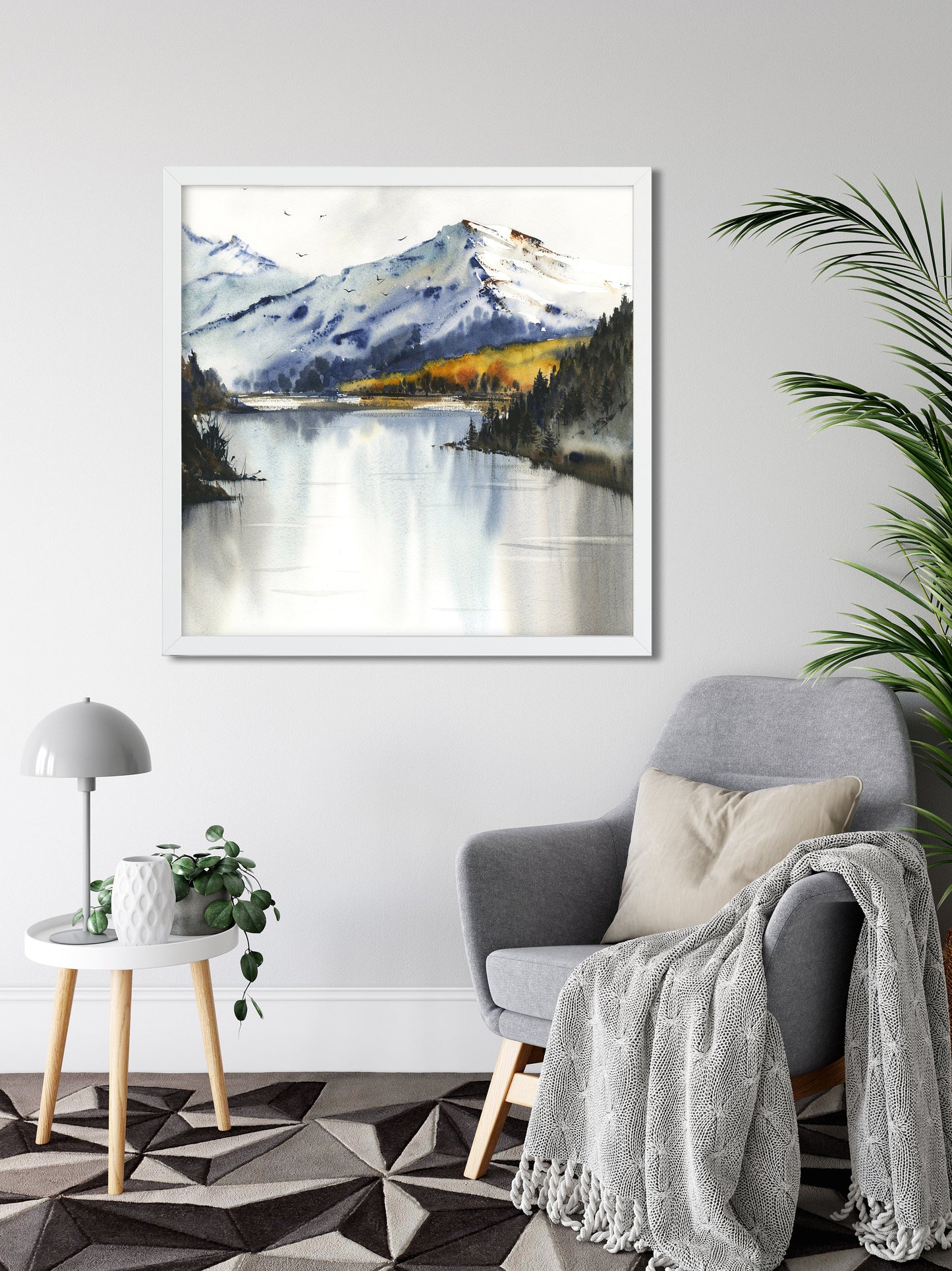 Abstract Square Print, Mountain Wall Art, Watercolor Landscape, Painting on Canvas, 8x8, 10x10 Print, 16x16, 24x24 Print