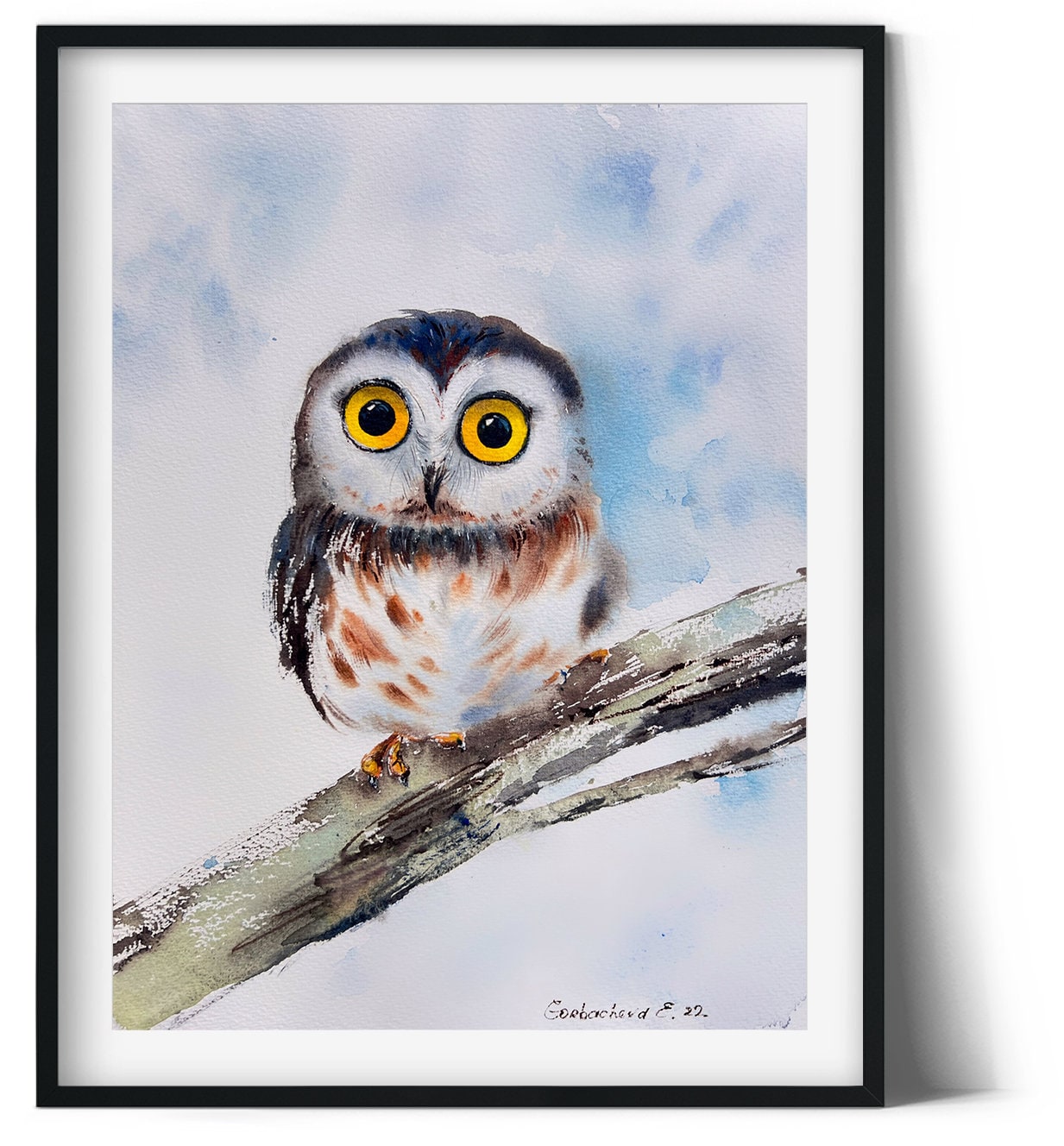 Original Illustration Watercolor Painting - Baby Owl on a branch
