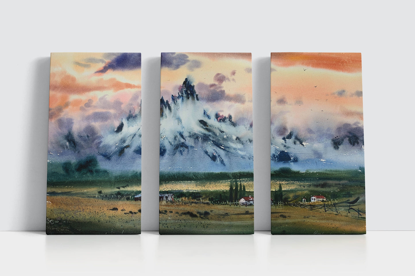3 Mountain Set Prints, Extra Large Canvas Split Panels, Modern Home Decoration for Bedroom, Orange Sunset Wall Art